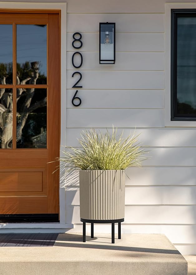 Veradek Demi Series Round Planter w/ Stand for Porch/Patio | Durable Plastic-Concrete & Wooden Stand | Modern Décor for Tall Plants, Flowers VeradekOutdoor