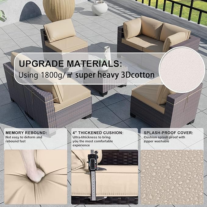 Kullavik 7 Pieces Outdoor Patio Furniture Set PE Wicker Rattan Sectional Sofa Patio Conversation Sets,Sand KULLAVIK