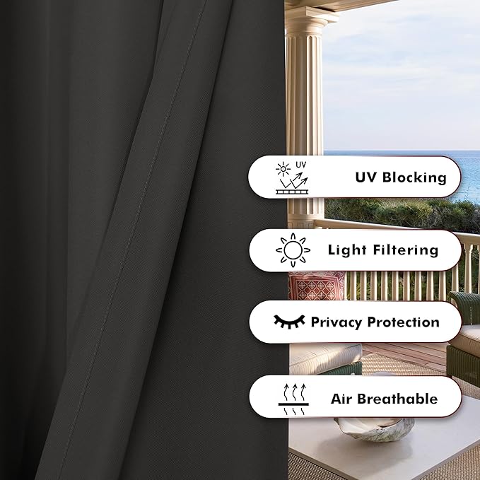 BONZER Waterproof Outdoor Curtains for Patio Porch Pergola Cabana Thick Privacy Wide Grommet Indoor Curtains for Bedroom Living Room, 1 Panel, 110W x 108L inch, Charcoal Bonzer