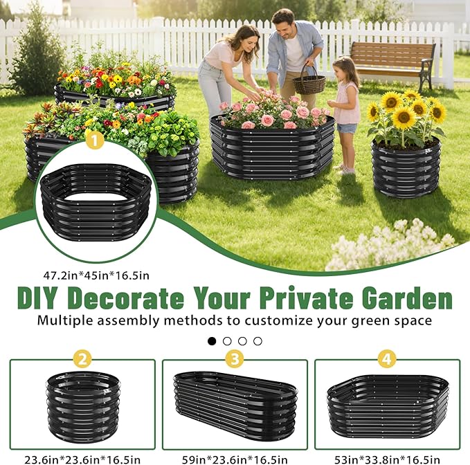 Hexagon Raised Garden Bed, 48 Inch Diagonal & 16.5 Inch Tall, Galvanized Steel Planter Box with Wave-Shaped Metal Panels for Outdoor Flower,Tree,Herb & Vegetable Garden (Black, 4FT X 1.5FT) Rootora