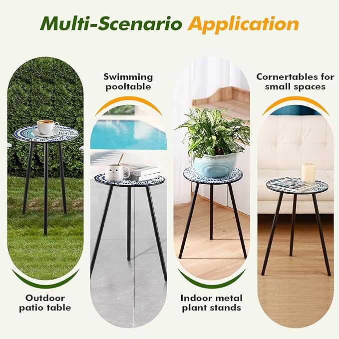 2 Packs Metal Mosaic Round Side Tables 13.4" Small Outdoor Patio Round Accent Coffee Tables Indoor Corner Stand for Small Spaces Weather-Resistant for Balcony, Porch Plant Stands Indoor PartyZealot
