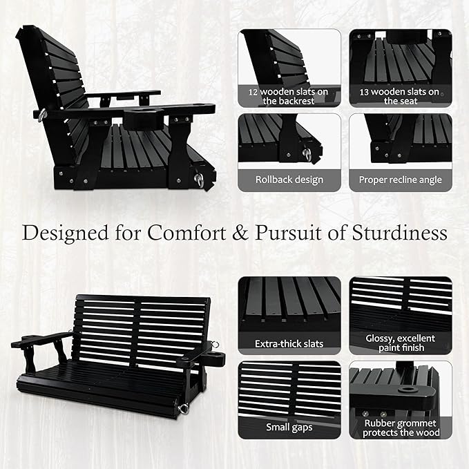 Wooden Porch Swing 2-Seater, High Backrest and Deep Seat, Bench Swing with Cupholders, Hanging Chains and 7mm Springs, Heavy Duty 880 LBS, for Outdoor Patio Garden (Carbon Black - 4 FT Extra Large) FortuneCandy