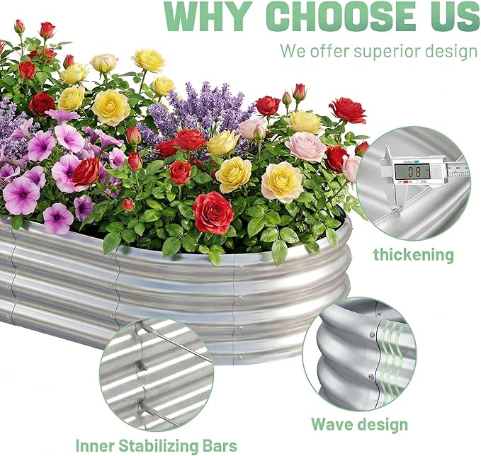 AHEONLAR 3 Pack 6×3×1ft Galvanized Raised Garden Beds, Oval Metal Garden Bed Planter Boxes Outdoor, Durable Raised Garden Beds Outdoor for Vegetables, Flowers, Silver AHEONLAR