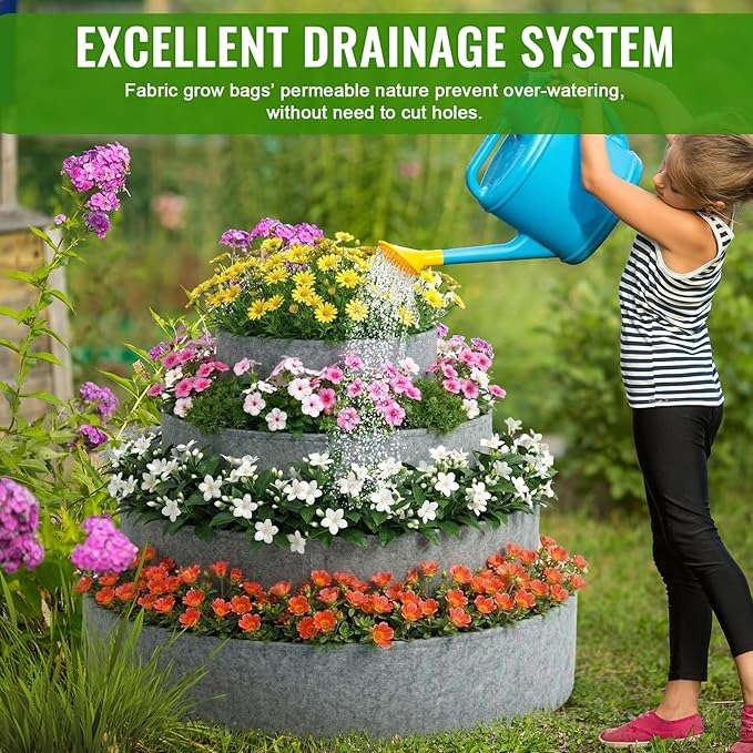 4 Pcs Plant Grow Bags 4 Tiered Strawberry Planter Tower Fabric Raised Garden Beds, 39 Inch Nonwoven Strawberry Pyramid Planter for Vegetables Flower Herbs Gardening Outdoor Growing (Gray) Rootora