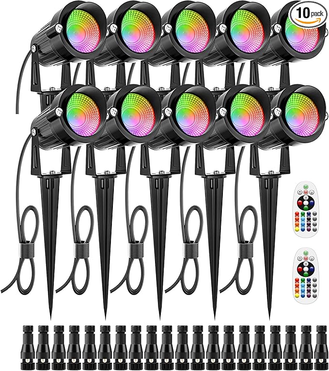 ZUCKEO 12W Color Changing Landscape Lights RGB Low Voltage Landscape Lighting Remote Control, Waterproof LED Outdoor Spotlight for Garden Pathway House Christmas Decor, 10 Pack with Connector ZUCKEO