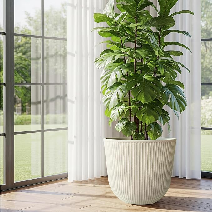 WORTH Garden Round Large Planter Pot Set of 2-17.5" Dia x 15.5" H - Durable Plastic Beige Plant Tree Pots with Vertical Stripe Textured Finish, Drainage Hole for Indoor, Outdoor, Front Porch, Patio WORTH