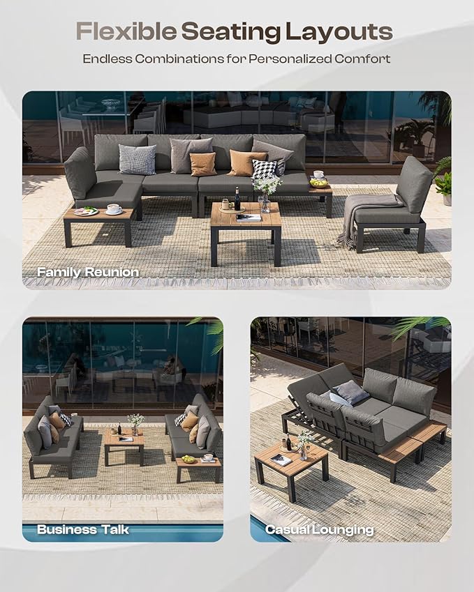 Aluminum Outdoor Patio Furniture Set, 4 Seats Modular Patio Sectional Sofa Set with Adjustable Backrest & Removable Cushions, All-Weather Outdoor Conversation Sets for Garden & Yard, Graphite Oasbira