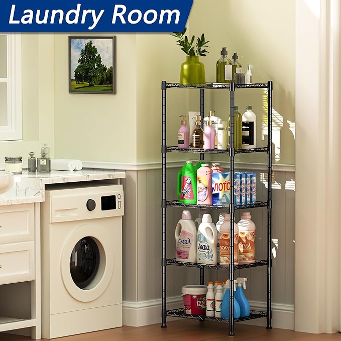 REGILLER 5-Wire Shelving Metal Storage Rack Adjustable Shelves,Standing Storage Shelf Units for Laundry Bathroom Kitchen Pantry Closet(Black,11.8" D x 16.6" W x 53.5" H) REGILLER