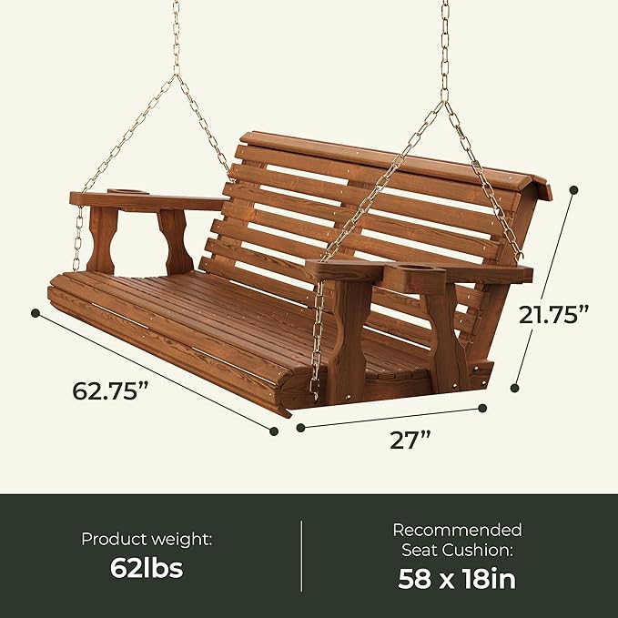 Amish Casual 4 Foot Roll Back Porch Swing with Cup Holders in Cedar Stain - Amish Made in The USA from Treated Pine Heavy Duty 700 Lb. Weight Capacity AmishCasual