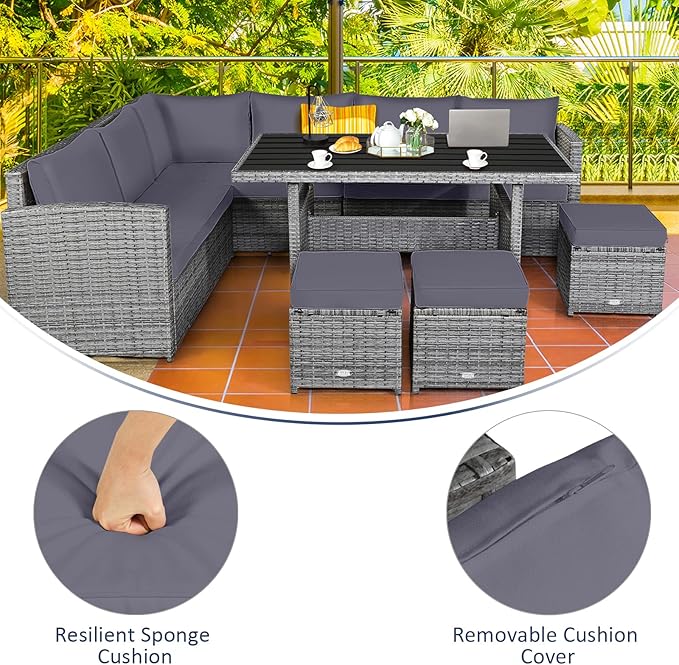 Tangkula 7 Pieces Patio Furniture Set, Outdoor Sectional Rattan Dining Sofa Set with Cushions, All Weather Wicker Conversation Couch Set with Dining Table & Ottomans for Yard Garden Poolside, Grey TANGKULA