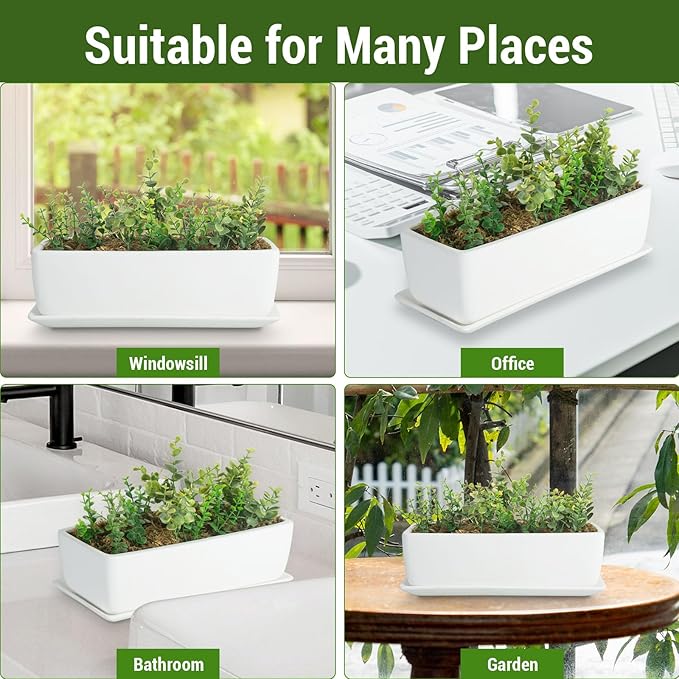 MyGift 14 Inch Ceramic Indoor Plant Pot with Drainage Hole, Rectangular Succulent Planter Window Box with Removable Saucer, Unglazed White MyGiftHome