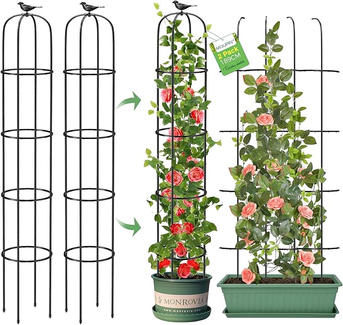 Tower Obelisk Garden Trellis for Climbing Plant，6.2FT/74.4" Rustproof Metal Potted Plant Climbing Support for Indoor Outdoor Flowers Vegetable Fruits Vines Support (2Pcs) MQUPIN