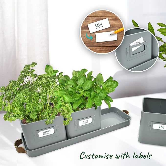 volila Herb Planter Indoor - Set of 3 Grey Indoor Herb Garden Pots for Plants with Leather Handled Tray - Window Sill Plant Shelf - Herb Pots with Drainage Holes and Labels volila