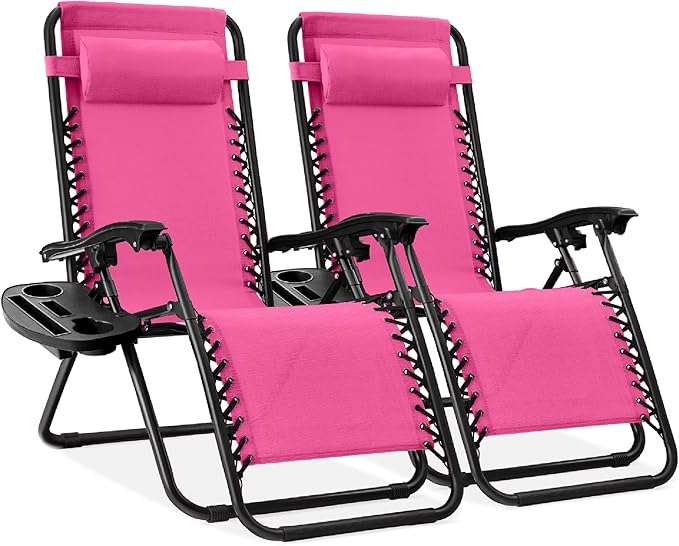 Best Choice Products Set of 2 Adjustable Steel Mesh Zero Gravity Lounge Chair Recliners w/Pillows and Cup Holder Trays - Hot Pink/Black BestChoiceProducts