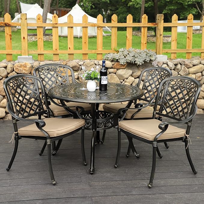 5-Piece Cast Aluminum Outdoor Patio Dining Set, All Weather Cast Aluminum Outdoor Furniture Dining Set for Patio, Balcony, Lawn, Garden, Backyard w/4 Chairs and Cushions, 2.0" Umbrella Hole Sumshadow