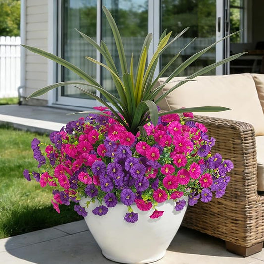 Artificial Flowers for Outdoors Fake Plants Outside, 12 Bundles Silk Morning Glory with Eucalyptus + Orchid Leaf UV Resistant Realistic Faux Flowers for Porch Planter Garden Patio (Purple Fuchsia) INXUGAOArtificialFlowers