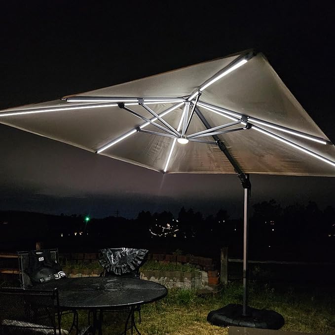 PURPLE LEAF 10 Feet Patio Umbrella with Base Outdoor Cantilever Solar Powered LED Swivel Square Umbrella Aluminum Offset Umbrella with 360-degree Rotation for Garden Deck Pool Patio, Beige PURPLELEAF