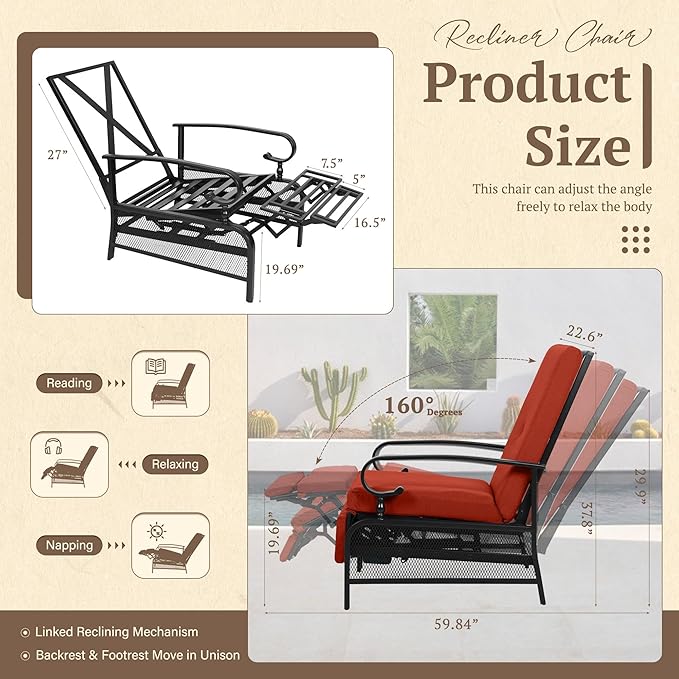 Oakcloud Adjustable Outdoor Lounge Chair Metal Patio Relaxing Recliner Chair Set with Bistro Table and Removable Cushions(Red) OckcloudPatioFurniture