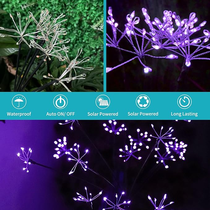 JJGoo Solar Garden Lights, New Upgraded 2 Pack Solar Swaying Starburst Light, Waterproof Fireworks Outdoor Lights, Yard Patio Pathway Decoration, Purple JJGoo