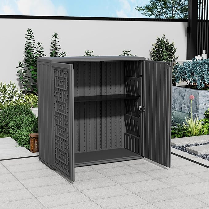 Storage Box Outdoor Caninet,Resin Indoor Storage Box Waterproof Outdoor Storage Cabinets for Patio/Garden/Backyard, Size 34.3''L*15''W*36.2''H(Grey) Mrosaa