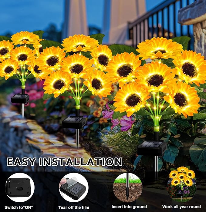 Solar Lights Outdoor Garden Decor,4 Pack with 24 Sunflower Lights,Solar Flowers Lights Waterproof,Birthday Gifts for Mom Women Grandma,Outside Decorative Stakes Light for Landscape Yard Patio Lawn EDOF