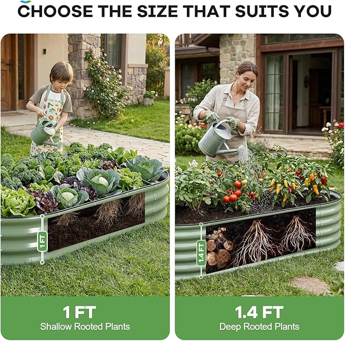 Galvanized Raised Garden Bed Outdoor, 6x3x1ft Oval Metal Raised Beds for Gardening, Rust-Resistant Garden Planter Box for Planting Vegetables, Flowers, Fruits in Lawn(Olive Green, 2 Packs) HEALSTOK