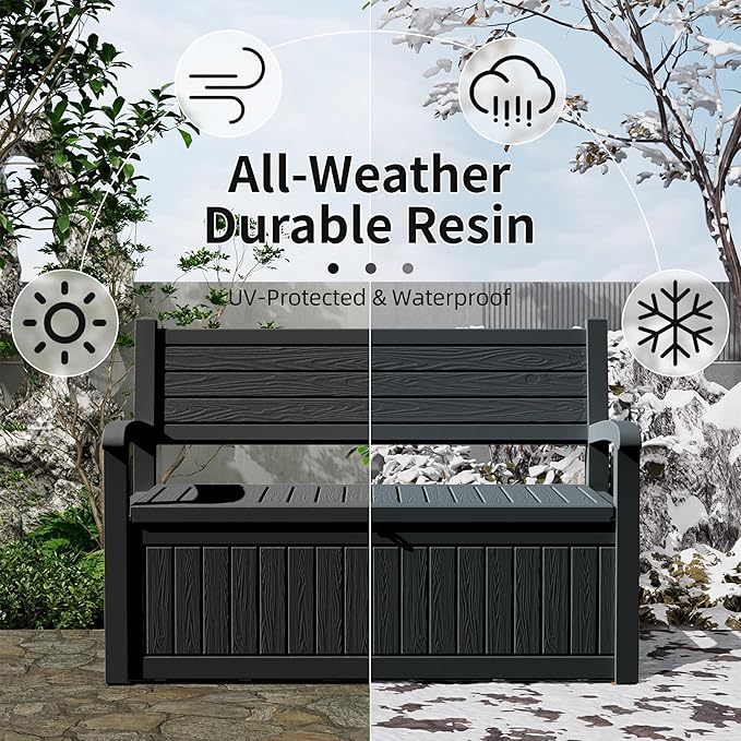DRATO 75 Gallon Storage Bench Deck Box Outdoor Indoor,Lockable Durable All-Weather Seating with Hidden Storage,Deck Storage for Garden, Pool, Patio DRATOprovidesawarmandcozy