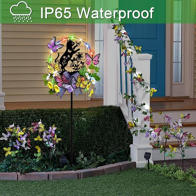 Cat Solar Lights Outdoor Garden,Silhouette Cat with Butterflies Waterproof Garden Stake for Yard, Lawn,Best Gifts for Women HokfirmHomeDecorGarden