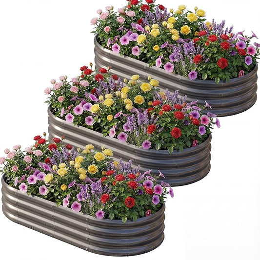 AHEONLAR 3 Pack 6×3×1ft Galvanized Raised Garden Beds, Oval Durable Planter Boxes Outdoor for Vegetables, Fruits, Flowers and Plants, Quick Assembly, Grey AHEONLAR