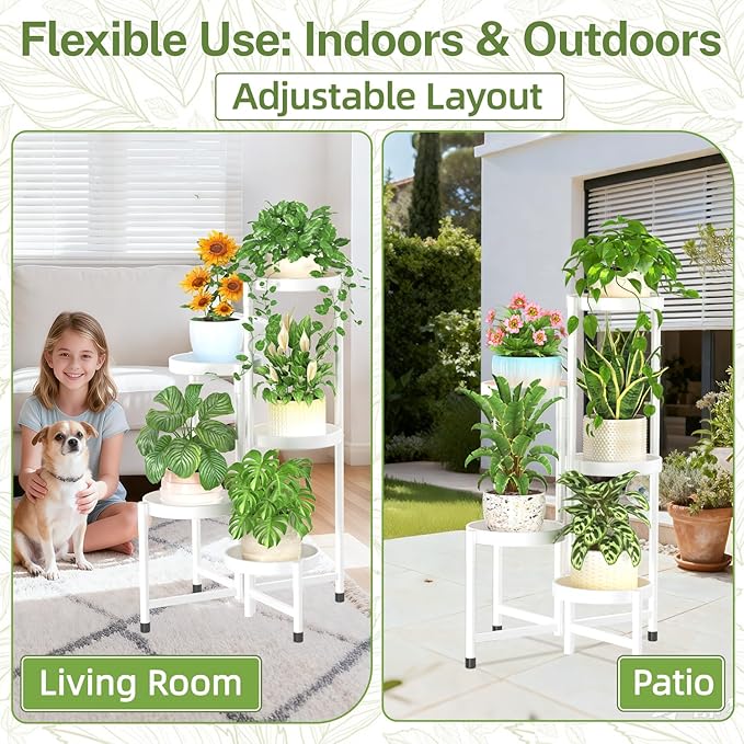 iDavosic.ly Plant Stand Indoor Outdoor, 5 Tier Corner Metal Flower Display Holder Shelf, Easy Assembly Folding Tall Orchid Rack for Patio Balcony Porch Garden Living Room House, White iDavosicly