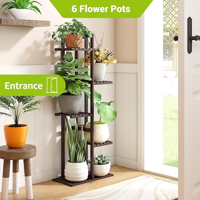 BMOSU Bamboo Plant Stand for Indoor Outdoor Plants Corner Tall Plant Shelf 6 Potted Holder Shelf Plant Rack Holder Display Rack(Brown) BMOSU