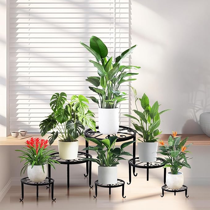 6-Pack Metal Plant Stand,Heavy Duty Flower Pot Stands for Multiple Plant,Outdoor Anti-Rust Plant Pot Shelf, Round Plant Holder for Outdoor/Indoor Planter, Living Room, Balcony Decor (6PACK BLACK) Acteomsly