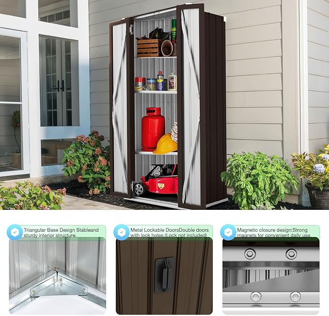 AECOJOY Outdoor Storage Cabinet Waterproof with Adjustable Shelves, Vertical Tall Garden Outdoor Cabinet, Sheds & Outdoor Storage Clearance Cabinet Weatherproof for Outside in Brown AECOJOY