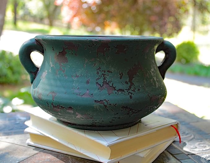 Egyptian Era Designed Earthen Ware Terra-Cotta Vessel/Planter with Looped Handles (Green) Goodman+and+Wife