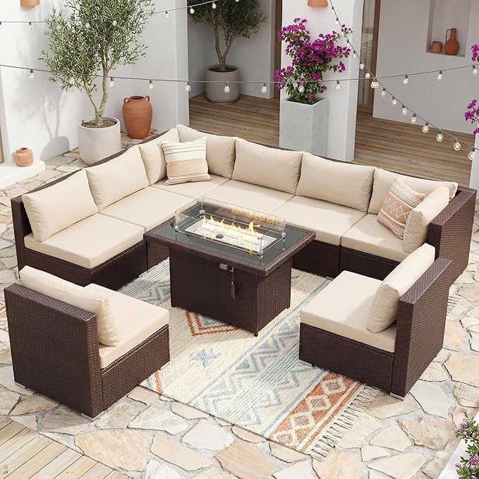 NICESOUL 9 Piece Modern Extra-Large Outdoor Patio Sectionals with Fire Pit Table Natural Gas & Propane, 29.3'' High Back Comfortable Conversations for Outside, Deep Seating Modular Sofa Couches, Tan NICESOUL