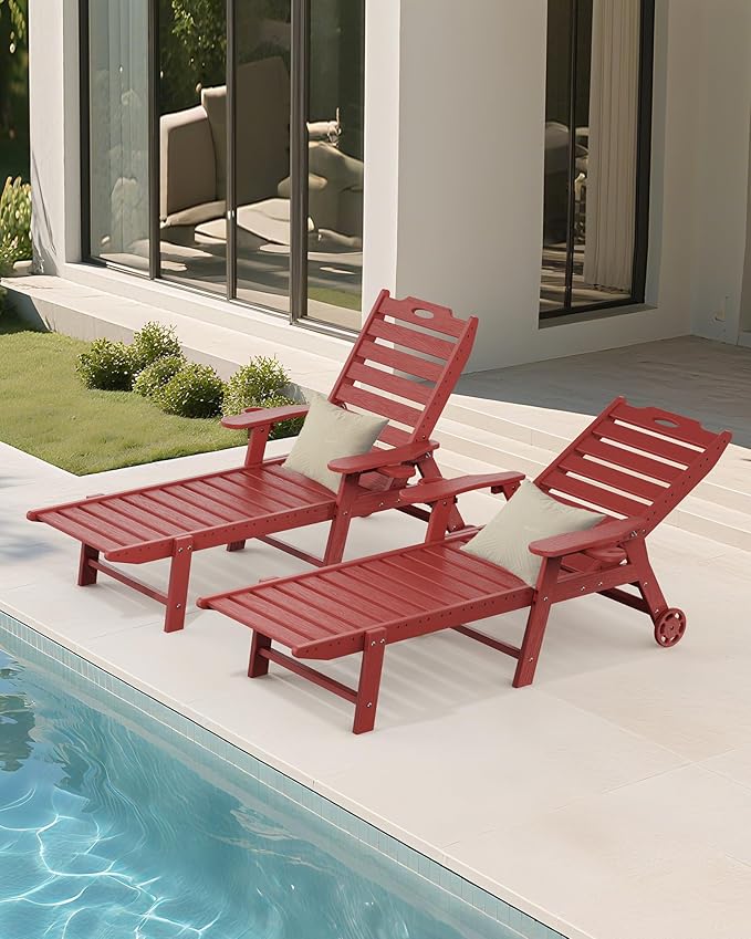 Carauci Lounge Chair Outdoor Set of 2, HDPE Chaise Lounge with Wheels, 5-Position Adjustable Backrest & 2 Cup Holders Patio Lounge Chair, All-Weather Pool Sun Lounger for Poolside, Backyard, Red Carauci