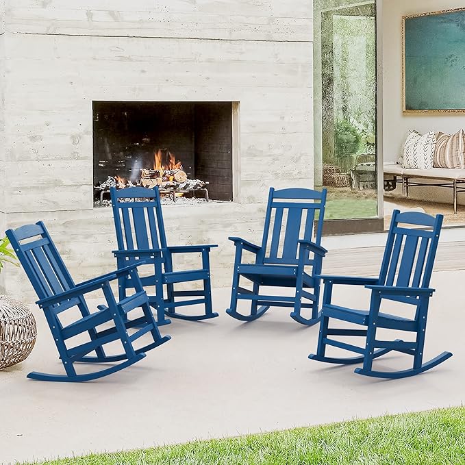LUE BONA Outdoor Rocking Chairs Set of 4, Weather Resistant HDPS Poly Rocker Chairs, 350lb Heavy Duty, Oversized Porch Rocker for Adult, High Back Smooth Rocking for Outdoor & Indoor, Blue LUEBONA