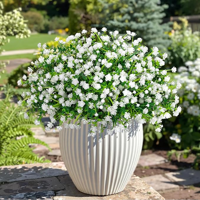20 Bundles Artificial Flowers for Outdoors Fake Plastic Flowers UV Resistant Realistic Faux Plants Shrubs for Spring Summer Garden Porch Yard Patio Planter Window Box Home Decor, White Besteek