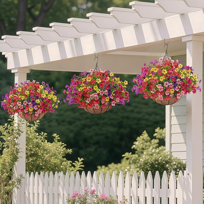 2 Set Artificial Faux Hanging Plants Flowers Basket for Outdoors Spring Summer Decoration, 2 Hanging Planters with 24pcs Fake Silk Flowers UV Resistant for Outside Porch Patio Garden Home 6 Multicolor Tiabean