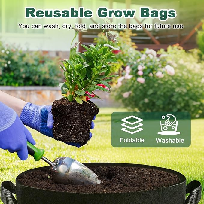 5 Pack 5 Gallon Grow Bags, Thickened Aeration Nonwoven Fabric Plant Pots with Handles, Heavy Duty 300G Garden Planting Bag for Tomato, Potato, Strawberry, Vegetable, Fruits and Flowers Rootora