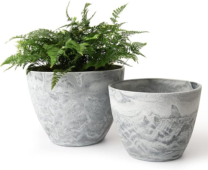 LA JOLIE MUSE Flower Pots Outdoor Garden Planters, Indoor Plant Pots with Drainage Holes, Plastic, Marble Pattern Grey, Set 2 (8.6 + 7.5 Inch) LaJol%C3%ADeMuse