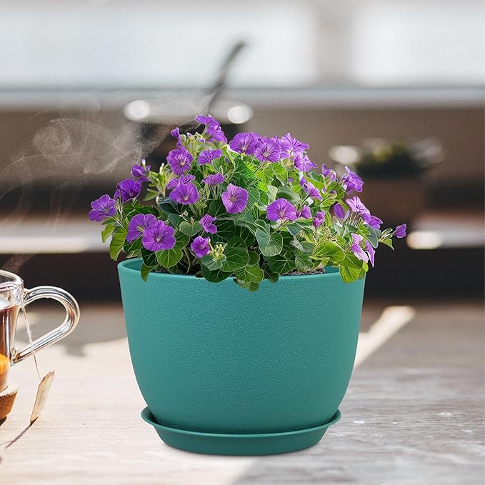 Plant Pots 12 inch, Plastic Planters with Drainage Holes and Saucers, Large Flower Pots for Indoor Outdoor Plants, Modern Decorative Pots for Garden House Plants, Blue Green Meowell