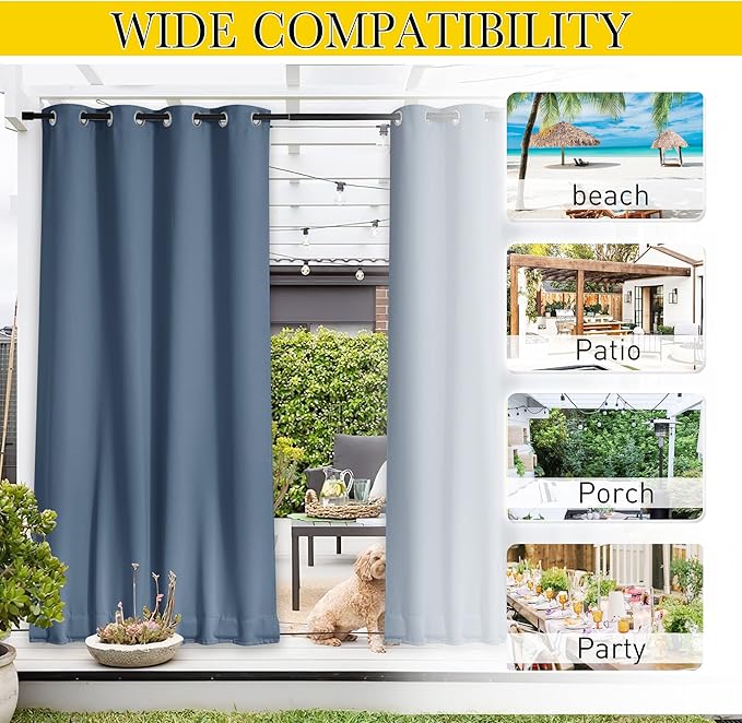 NICETOWN 2 Panels Fixed Stone Blue Outdoor Curtains for Patio Waterproof, Top & Bottom Grommet & Back Tab Windproof Drapes Thermal Insulated Blackout Outdoor Blinds for Porch/Gazebo, W52 x L84 NICETOWN