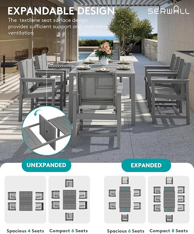 SERWALL 9-Piece Outdoor Dining Set, 60" - 83" Expandable Patio Dining Table with 6 Breathable Textilene Chairs, All Weather HDPE Patio Furniture Set for Backyard, Garden, Grey SERWALL