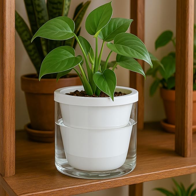 D'vine Dev 6 Inch Design Self Watering Planter for Indoor Plants, White Terracotta Pots with Cylinder Glass Cup, 37-X-B-2 DvineDevPlanterPotsandStand