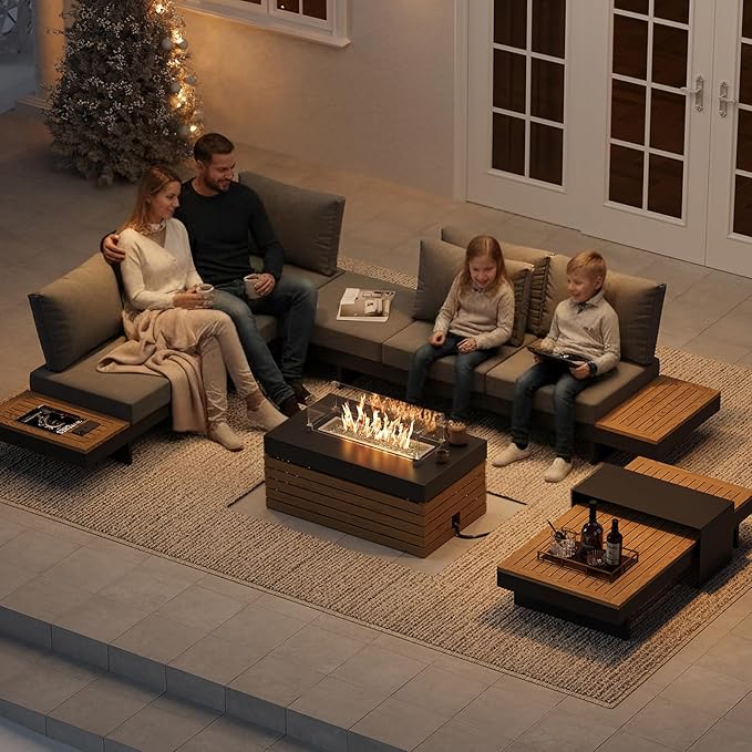 homary Patio Conversation Sets with Fire Pit-Modular Outdoor Sofa Aluminum & Teak Outdoor Sofa Se with Glass Wind Guard Ideal for Patios & Balconies, 6 Pepole Homary