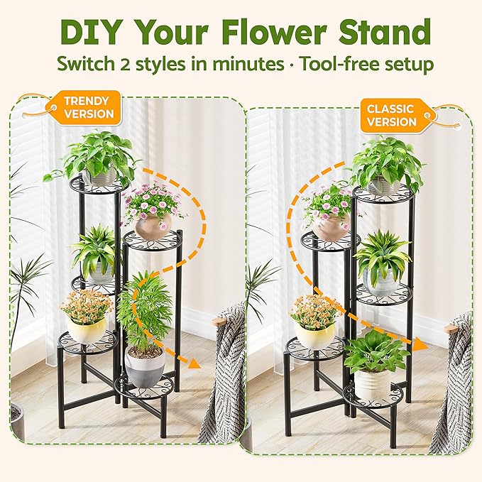 Plant Stand Indoor Outdoor, 5 Tier Corner Metal Flower Display Holder Stand, Folding Tall Plant Rack for Patio Balcony Porch Garden Living Room House, Heavy Duty Wrought Iron Plant Shelf - BlackS Rootora