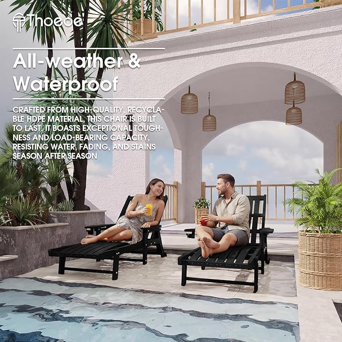 Patio Chaise Lounge Chair Set of 2, Oversized Lounge Chair Outdoor with 5 Positions, HDPE, Patio Lounge Chair with Wheels & Cup Holder for Pool, Deck, Poolside,Black THOEOE