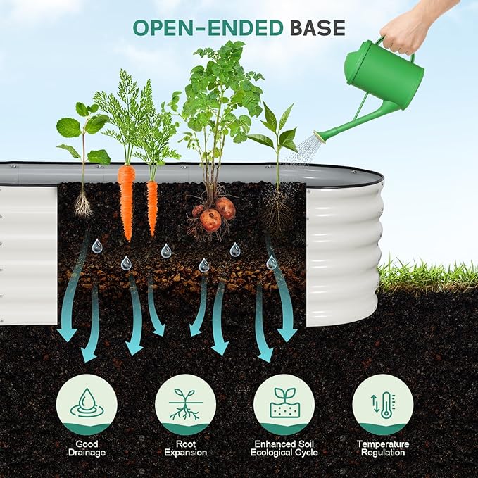 Galvanized Raised Garden Bed - 6×2×1.4ft Planter Raised Beds for Gardening | Oval Metal Garden Planter Box with Safety Edging and Gloves for Vegetables Fruits and Flower White BIRDSINYARD