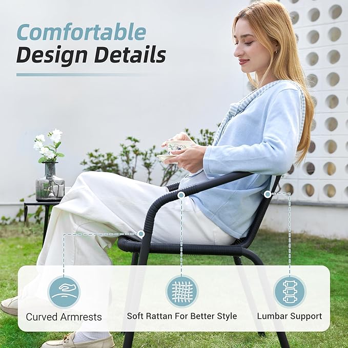Amopatio Outdoor Dining Chairs Set of 6, Rattan Patio Chairs Wicker, Stackable Indoor-Outdoor Chair, Bistro, Deck, Yard, Porch, Restaurant Stack Chairs, Black Amopatio